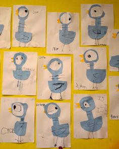 children's drawings are displayed on white paper with blue birds and letters that spell out their names