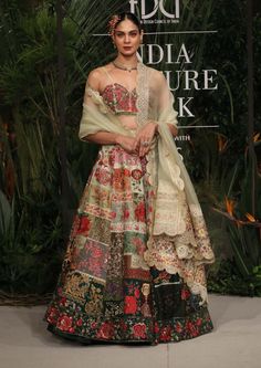 Varun Bahl-Multi Patchwork Green Ombre Lehenga Set-INDIASPOPUP.COM Ombre Lehenga, Varun Bahl, Lehenga Pattern, Ombre Fabric, Corset Blouse, Green Ombre, Organza Dupatta, Indian Fashion Designers, Indian Attire