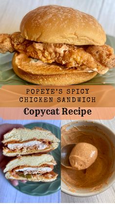 chicken sandwich and copycat recipe with text overlay that reads pope's spicy chicken sandwich copycat recipe