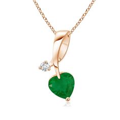 An emerald in the shape of a heart is prong set in 14k rose gold. Enhancing its vivid green beauty is a twinkling diamond studded at the end of the twist bale. The diamond lends a charming effect to this adorable emerald heart necklace pendant. Emerald Pendant, Emerald Necklace, Green Beauty, Fine Jewellery Necklace, Heart Pendant Necklace, Diamond Studs, A Heart, Necklace Pendant, Heart Necklace