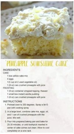 the recipe for pineapple sunshine cake is displayed on an instagram page, with instructions