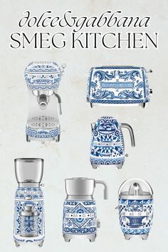 the blue and white kitchen appliances are shown in this advertisement for an appliance