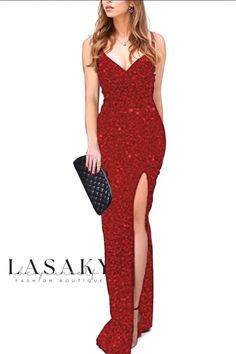 Lasaky - Stunning V-Neck Glitter Sequined Dress with Open Back and Flattering High Waist Sequin Long Dress, 파티 드레스, Sequin Prom Dress, Elegant Maxi Dress, Split Maxi Dress, Sequin Party Dress, Sequin Gown, High Waist Fashion, Split Dress