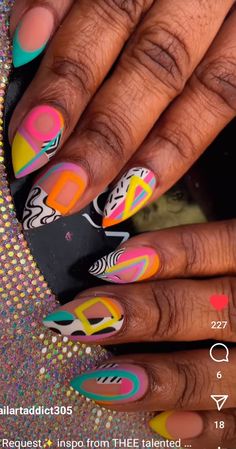 Eclectic Nail Designs, Happy Nails Designs, Each Nail Different Design, 90s Abstract Nails, Complex Nail Designs, Crazy Nail Art Unique, Themed Nails, African Nail Art, Abstract Nail Art Designs