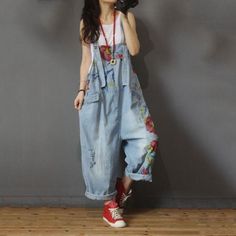 Women's Overalls in Street Denim Not Positioning Printing Full Length Pocket Pullover Harem Female Blue One Size Summer Hand Wash Filipino Fashion Street Styles, Baggy Overalls Outfit, One Piece Jeans, Oversized Overalls, Ripped Overalls, Jumpsuits Jeans, Fashion Overalls, Sleeveless One Piece, Loose Sweater Dress