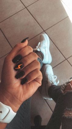 Black Nails With Orange, Western Halloween Nails, Coffin Shaped Acrylic Nails, Nails With Orange, Lightning Bolt Nails, Lightning Nails, Orange Lightning, Country Acrylic Nails, Rodeo Nails