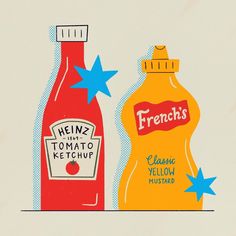 two bottles of ketchup and mustard with blue stars on the top one is red