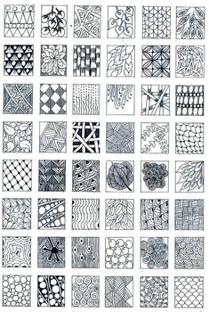 a bunch of black and white squares with different designs on them, all drawn by hand