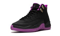 Black and purple Air Jordan 12 Retro GG sneakers from jordan featuring a round toe, a lace-up front fastening, a pull tab at the rear, a flat sole, leather accents and an embroidered logo at the tongue.  These styles are supplied by a premium sneaker and street wear marketplace.  Stocking only the most sought-after footwear and clothing, they source and curate some of the most hard-to-find items from around the world. Jordan Pictures, Pink Jordans, Jordan Model, Jordan 4s, Air Jordan 12, Jordan Shoes Retro, Sneaker Magazine, Shoes Sneakers Jordans, Shoes Retro