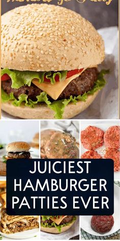 a collage of hamburger patties and burgers with text overlay