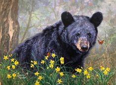 a painting of a black bear in the woods with yellow flowers and a butterfly on its nose