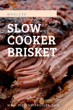 slow cooker brisket on a cutting board with text overlay