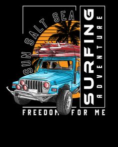 a blue jeep with a surfboard on the roof and palm trees in the background