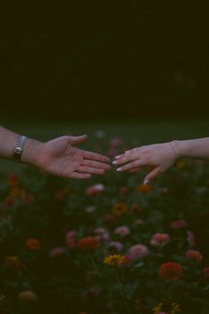 two hands reaching for each other in front of flowers