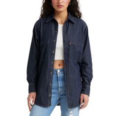 in stock Levi's Blue Tops With Pockets, Levi's Denim Blue Top For Spring, Levi's Medium Wash Tops For Fall, Womens Chambray Shirt, Shirt Styling, Long Sleeve Loose Blouse, Chambray Jacket, Western Style Shirt, Button Up Shirt Womens