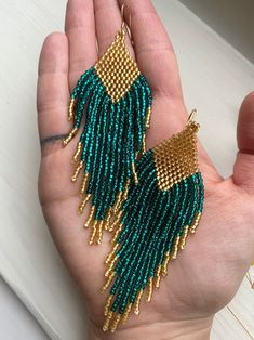 Emerald Gold Earrings Long Green Seed Bead Earrings Bohemian Earrings Boho Bead Earrings Dangle Fringe Shiny Earrings Bridal Gift for Her - Etsy