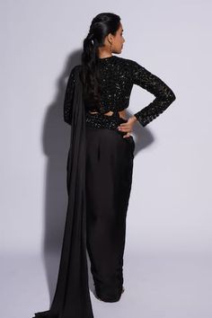 Black pre-draped saree with hand embroidered waist belt. Paired with a blouse with all over hand embroidered dori, bugel beads and resham and a petticoat. - Aza Fashions Fitted Pre-draped Blouse Piece For Evening, Pre-draped Traditional Saree, Evening Long Sleeve Pre-draped Saree With Unstitched Blouse, Fitted V-neck Pre-draped Saree, Fitted Draped Evening Sets, Fitted Long Sleeve Saree For Evening, Sarees Black, Shamita Shetty, Genelia D'souza