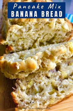 three slices of banana bread sitting on top of a wooden cutting board with text overlay