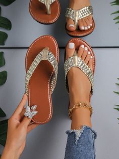 Gold Vacation Collar     Embellished   Women Shoes Summer Shoes For Women, Slide Shoes, Women's Flip Flops, Basic Heels, Designer Flats, Summer Flip Flops, Flat Slipper, Slides Women