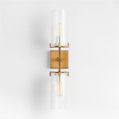 Coquina 2-Light Burnished Brass Wall Sconce with Glass Shades + Reviews | Crate & Barrel Bathroom Double Vanity Lights, Owners Bathroom, Double Vanity Lighting, 2 Light Bathroom Vanity Light, Mom Bathroom, Second Bathroom, Bathroom Master, Bath Lighting, Primary Bath