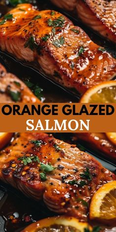 orange glazed salmon on a grill with lemons and parsley