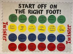 a bulletin board with several different colored circles and words on it that say start off on the right foot