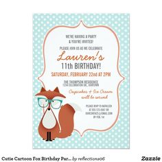 a birthday party card with a fox wearing glasses