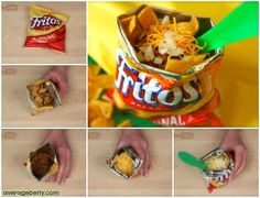 several pictures showing different types of snacks in their packages and how to make them with them