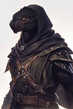 a man dressed in black with a hood and cape standing next to an animal like creature