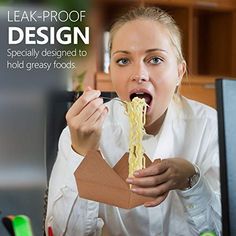 a woman is eating noodles from a cardboard box with the words leak proof design specially designed to hold greasy foods