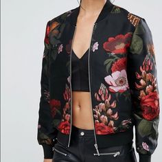 New Without Tags Woven Fabric All-Over Floral Design Ribbed Collar Zip Fastening Ribbed Trims Regular Fit - True To Size Machine Wash 100% Polyester Brown Leather Jacket, Leather Jacket Men, Kimono Fashion, Light Jacket, Jacket Outfits, Casual Chic, Clothing Brand, Black Red, Asos