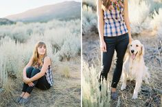 two photos of a woman and her dog in the desert, one is sitting on the ground