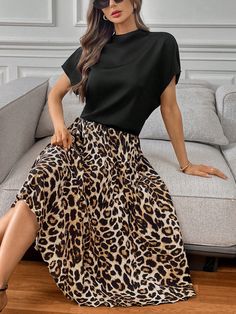 Women's Solid Color Bat Wing Short Sleeve Top And Leopard Print Skirt Loose 2pcs Set, Tacked Neck Top And Wide Skirt Two Piece Set,Teacher Clothes,Teacher Set,Lightweight And Comfortable Pants Two-Piece Set,Top Two-Piece Set,Two-Piece Set,Concert Women Outfit,Elegant,Suitable For Teacher,Fashionable Commuting, Old Money Style. Country Concert,Office Attire Multicolor Casual    Leopard Print,Textured Pattern  Non-Stretch  Women Clothing, size features are:Bust: ,Length: ,Sleeve Length: Stand Collar Vest, Outfit Elegant, Wide Skirt, Batwing Sleeve Top, Teacher Clothes, Skirt Two Piece, Leopard Print Skirt, Comfortable Pants, Black Wide Leg Pants