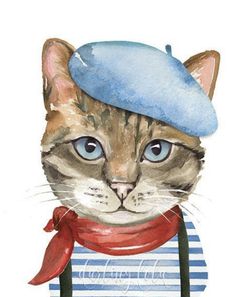 a watercolor painting of a cat with a blue hat and scarf on its head