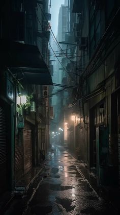 an alley way with buildings and street lights in the rain at night, on a rainy day