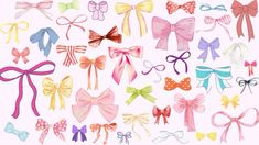 an assortment of different colored bows on a white background