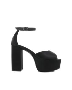 Go bold in this ultra-chunky platform heel, the perfect finishing touch to your glam party look. Featuring; high platform block heel open round peep toe wide strap across vamp wrap around ankle strap with adjustable buckle fastening closed heel counter synthetic upper, lining and outsole Black Satin Heels, Embellishment Details, Glam Party, Black Platform Heels, Prom Heels, Wide Heels, Platform Block Heels, Party Heels, Satin Heels