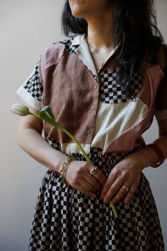 Summer Linen Patchwork Tops, Retro Cotton Shirt For Day Out, Brown Cotton Shirt For Day Out, Cotton Patchwork Tops For Day Out, Summer Cotton Patchwork Blouse, Patch Work Fashion, Erica Kim, Thrift Bundle, Modest Mom