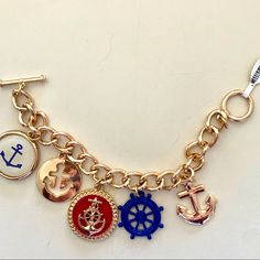 Sharp-Looking Nwt Costume Charm Bracelet With Nautical Items Like Anchors And Ship Wheels. Toggle Enclosure. A Great Summer Accessory. Nautical Style Blue Bracelets For Beach, Nautical Style Anchor Jewelry In Blue, Blue Nautical Anchor Jewelry, Blue Nautical Style Anchor Jewelry, Dangle Bracelet, Adjustable Bangle Bracelet, Gold And Silver Bracelets, Rose Gold Bangle, Bottle Charms