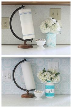 two pictures of the same vase with flowers in it and one has a towel holder