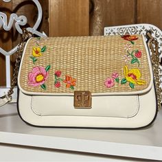 Kate Spade Phoebe Flower Embroidered Straw Flap Bag, Meringue Multi White Rectangular Shoulder Bag With Embroidered Logo, Spring Multicolor Floral Embroidered Shoulder Bag, Spring Multicolor Floral Embroidery Shoulder Bag, Summer White Bag With Floral Embroidery, Spring Beige Shoulder Bag With Floral Embroidery, Embroidered White Shoulder Bag For Vacation, White Embroidered Shoulder Bag For Vacation, White Embroidered Bags For Spring, White Embroidered Shoulder Bag