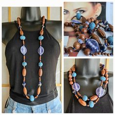 This necklace has it all! Wood, Ceramic and Glass Bead necklace with different shapes. Versatile - wear it long or wrap around twice to achieve the look you desire. Appr. 40" long Unique Blue Wooden Beaded Necklaces, Blue White Ceramic, Chunky Statement Necklace, Wood Bead Necklace, Vintage Necklaces, Necklace Boho, Glass Bead Necklace, Ceramic Beads, Wood Glass