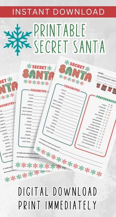 three printable santa's secrets with the text instant christmas game on them