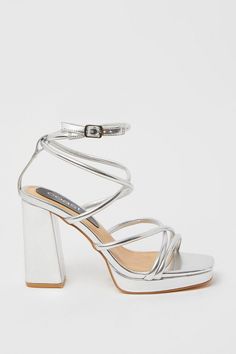 Teddi Strappy Platform High Block Heeled Sandals Silver Formal Shoes, Silver Heels Prom, Prom Shoes Silver, Quinceanera Shoes, Silver Platform Heels, Pretty High Heels, Strappy Platform Heels, Silver Strappy Heels, Fancy Heels