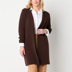 Layering during the cooler months will be a breeze thanks to this chic women's midweight coatigan from Liz Claiborne. Made from soft knit in a rich chocolate brown hue that's perfect for the season, it features a classic-fit, an open-front, a notch lapel, long sleeves, and a long length for added warmth. Closure Type: Open FrontFit: Classic FitNeckline: Collar NeckSleeve Length: Long SleeveWarmth Factor: MidweightApparel Length: 46 InchesOuterwear Length: LongFiber Content: 100% PolyesterFabric Minute To Win It Games, Minute To Win, High Spirits, Long Coat Jacket, Minute To Win It, Color Chocolate, Chocolate Sauce, Wool Blend Coat