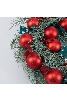 christmas wreath with red baubles and pine needles