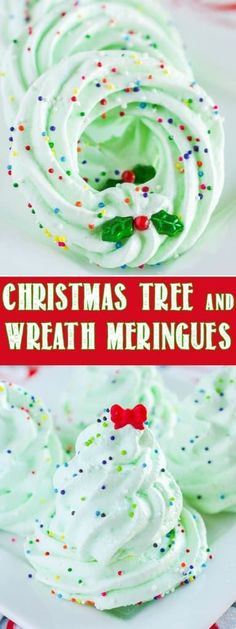 christmas tree and wreath meringue cupcakes on a plate