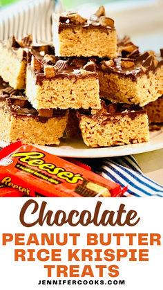 chocolate peanut butter rice krispy treats stacked on top of each other with text overlay