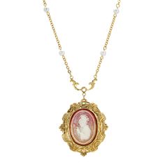 A true vintage inspired design, this cameo pendant necklace features intricate detailed craftsmanship and is adjustable for the perfect fit. A true vintage inspired design, this cameo pendant necklace features intricate detailed craftsmanship and is adjustable for the perfect fit. NECKLACE DETAILS Clasp: lobster-claw Drop length: 2.7 in. Chain length: 16 in. + 3 in. extender Metal: alloy Plating: gold tone Finish: polished Material: acrylic, enamel Not appropriate for children 14 years old and y Cameo Pendant Necklace, Vintage Inspired Earrings, Vintage Style Necklace, Pink Pearl Necklace, Resin Stone, 1928 Jewelry, Vintage Inspired Jewelry, Vintage Style Jewellery, Cameo Pendant