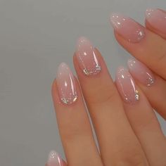 Aesthetic Gem Nails, Natural Nails Ideas Polish, Chrome French Tip Nails Natural, Minimalist Nails Wedding, Jelly Rhinestone Nails, Jelly Nails On Natural Nails, Short Gelx Almond Nails, Nails Inspo Oval, How To Do Jelly Nails